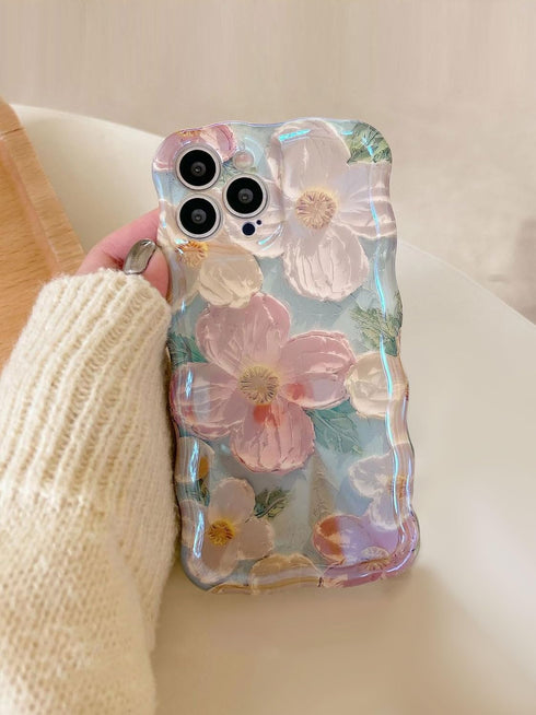 Case for iPhone 14 Pro Max - Vivid Retro Oil Painting, Flower Laser Glossy Pattern, Cute Curly Wave Edge - Exquisite Stylish Durable TPU Protectiv...