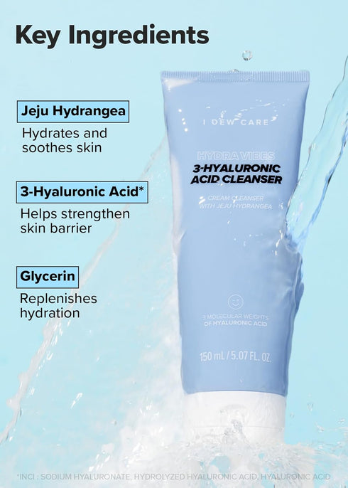 I DEW CARE Hydra Vibes 3-Hyaluronic Acid Cleanser | Hyaluronic Acid Foam Cleanser, Moisturizing, Korean Skin Care, Glass Skin, Vegan, Cruelty-Free...