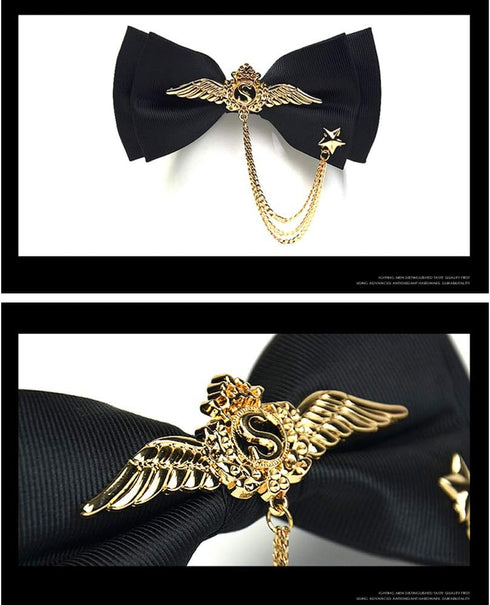 Men's Adjustable Bow tie Gold Metal Wings Chain Two Layer Neck Bowtie...