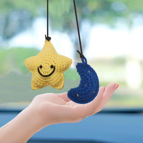 Car Rearview Mirror Hanging Ornament,Crochet Flower Basket Plant Car Accessories,Handmade Knitted Car Ornament Boho Car Accessories for Women (Sta...