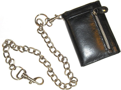 4 1/4 inch Leather Trifold Biker Wallet with Chain - Black...