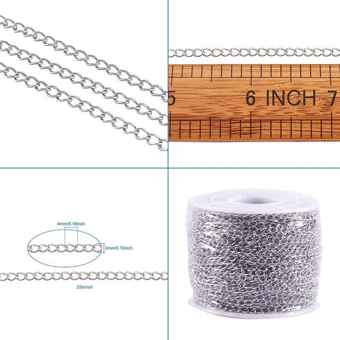 Pandahall 82 Feet/25M Soldered 304 Stainless Steel Curb Chains 4x3x0.6mm Stainless Steel Color Plated for Jewelry Making...