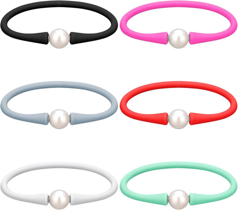 6 Pcs 9-11 mm Silicone Rubber Real Natural Freshwater Pearls Bracelets for Women Womens Charm Bangle Personalized Jewelry Silicone Bracelet Colore...