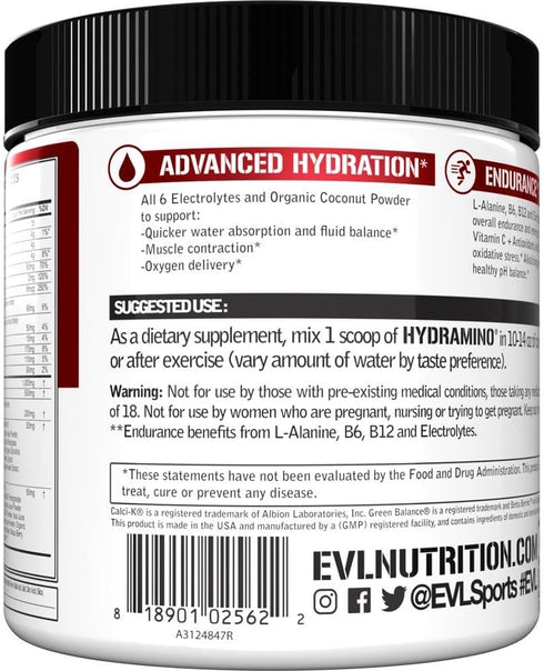 Evlution Nutrition HYDRAMINO Complete Hydration Multiplier, All 6 Electrolytes, Vitamin C & B, Fluid Boosting Aminos, Coconut Water, Endurance, Re...