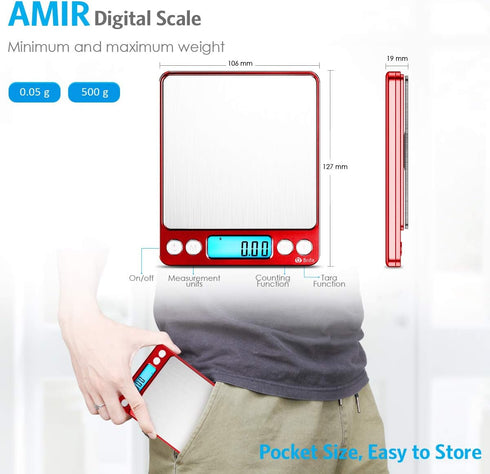 AMIR Upgraded Digital Kitchen Scale, 500g Mini Pocket Jewelry Scale, Cooking Food Scale with Back-Lit LCD Display, 2 Trays, 6 Units, Auto Off, Tar...