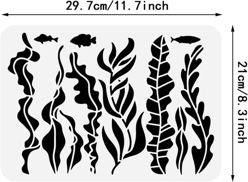 BENECREAT Ocean Theme Stencil, 11.7x8.3inch Seaweed Sea Fish Plastic Drawing Painting Stencils Templates for Summer Painting on Scrapbook Fabric T...
