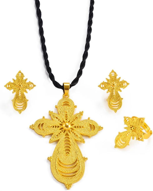 Ethiopian Jewelry Sets Cross Pendant Necklaces Earrings Rings African Eritrean Wedding Accessories, Ethiopia Eritrea Ethnic Jewelry Sets with Cros...