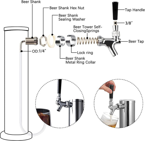 PERA Draft Beer keg Faucet Chrome Plating Tower Tap dispenser beer shank faucet Shank Tap Kit For homebrew kegerator keg kegging...