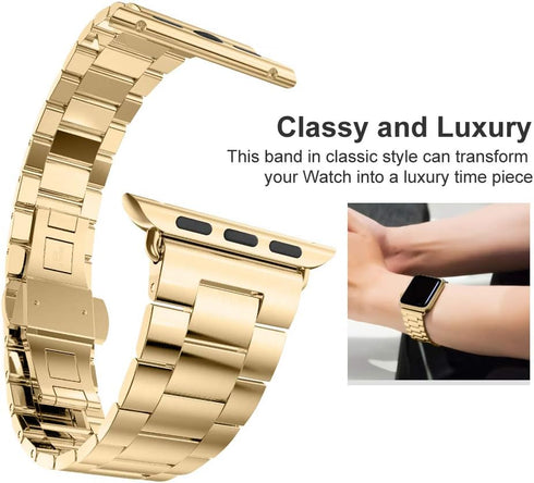 Compatible with iWatch Band 42mm/44mm, Solid Stainless Steel Metal Wristband Strap with Butterfly Folding Clasp Replacement for iWatch Series 7/6/...