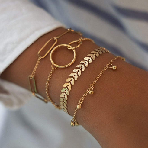 Boho Stackable Circle Bracelet Set Gold Fish Bone Layered Beaded Paperclip Link Bracelet Chain Jewelry for Women(4PCS)...