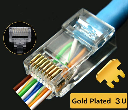 PETECHTOOL RJ45 CAT5 CAT5e Pass Through Connectors 50Pack-End Ethernet 8P8C GoldPlated Modular Plug for Unshielded Twisted Pair Solid Wire & Stand...