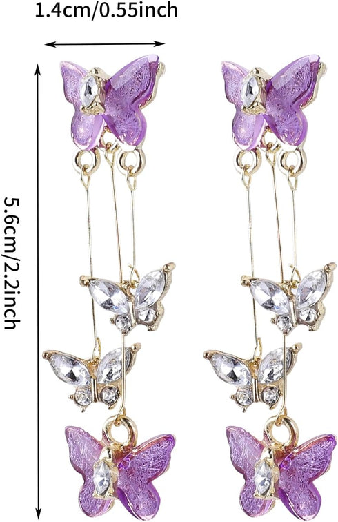 Purple Butterfly Earrings Crystal Butterfly Earings Long Tassels Shiny Butterfly Dangle Earrings Zircon Earrings for Women Crystal Rhinestone Drop...