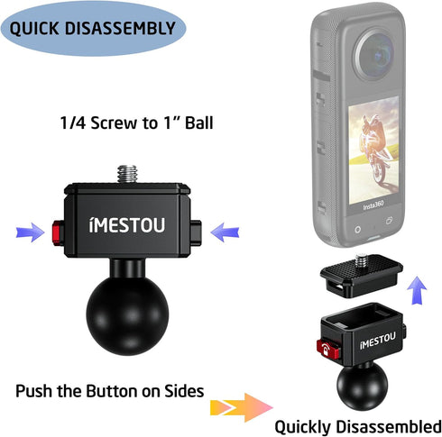 iMESTOU Sports Camera Riding Mount with 1/4 Screw for Insta 360 Action Camera Installing and 1“ Ball Head 360° Adjustable Fits for RAM iMESTOU...1...
