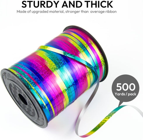 500 Yards 3/16" Rainbow Curling Ribbon, Shiny Balloon String for Gift Wrapping, Metallic Curly Ribbon 1 Roll Laser Balloon Ribbon for Birthday Wed...