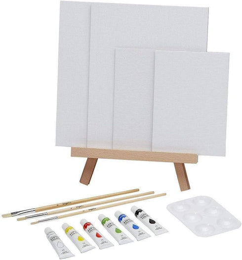 KINGART Artist Painting Set with 6 Vivid Acrylic Paint Colors, 12" Easel, 4 Canvas Panels, 3 Brushes, Painting Palette - School, Students, Beginne...