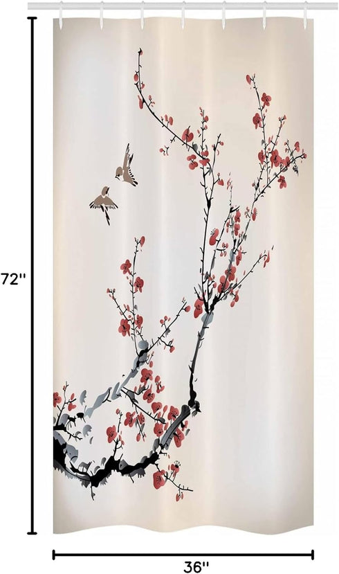 Ambesonne Nature Stall Shower Curtain, Cherry Branches Flowers Buds and Birds Style Artwork with Painting Effect, Fabric Bathroom Decor Set with H...