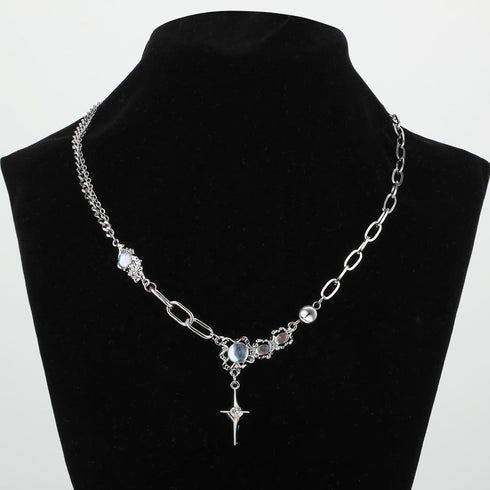 Silver Y2k Star Pendant Necklace Rhinestone Moonstone Irregular Necklace Adjustable Grunge Jewelry Gifts Accessories for Women Teen Girls Aestheti...
