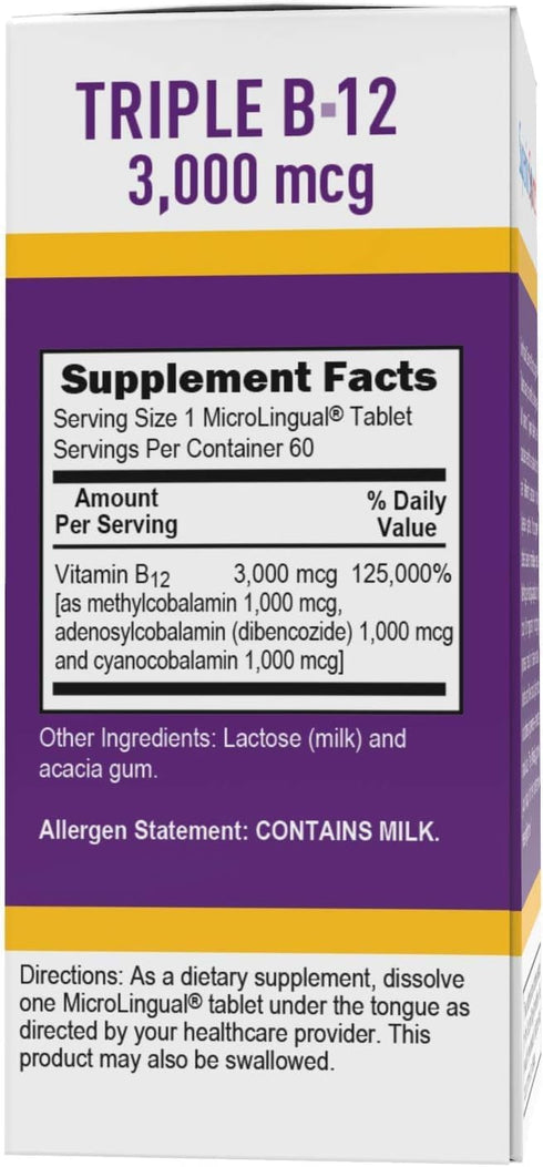 Superior Source No Shot Triple B12 3000 mcg, Quick Dissolve MicroLingual Tablets, 60 Ct, Methylcobalamin, Adenosylcobalamin & Cyanocobalamin, Cogn...