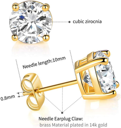 6 Pairs 14K Yellow Gold Plated Round Cut Clear Cubic Zirconia Stud Earring Pack...