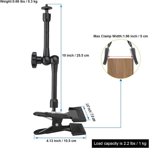 Clip Clamp Phone Holder for Desk/Table/Easel/Board/Shelf,Compatible with 3.5~7.5 inch iPhone/GoPro/Webcam/Blink Camera,Aluminium Alloy 10 inch Len...
