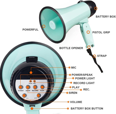 Sugar home Portable Megaphone Bullhorn 20 Watt Power Megaphone Speaker Voice and Siren/Alarm Modes with Volume Control and Strap (Teal)...