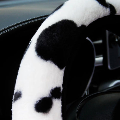 ALEMODR Cow Print Plush Steering Wheel Cover Fluffy Winter Warm Universal 15 inch for Women Girls...