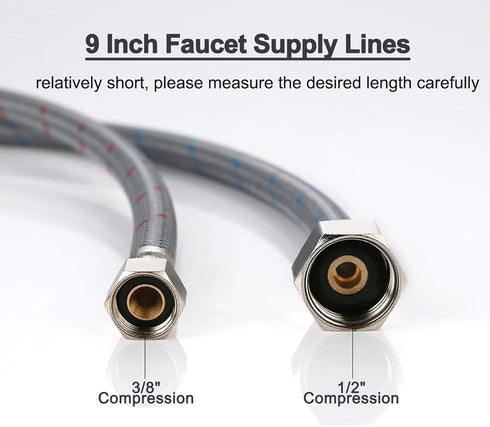 Faucet Supply Lines, ARCORA 9" Length Bathroom Kitchen Faucet Connector Braided Nylon Water Supply Line 3/8" Comp x 1/2" Comp 2Pcs (1 Pair)...