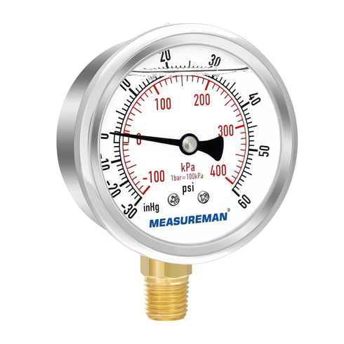 MEASUREMAN 2-1/2" Dial Size, Glycerin Filled Pressure Gauge, 30inHG-60psi, 304 Stainless Steel Case, 1/4"NPT Lower Mount...