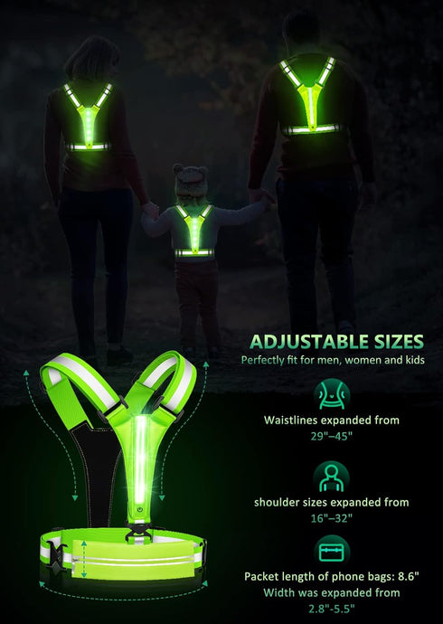 LED Reflective Vest Running Gear, USB Rechargeable Light Up Running Vest Chest Phone Holder for Runners Night Walking,6-11hrs Light Adjustable Wai...