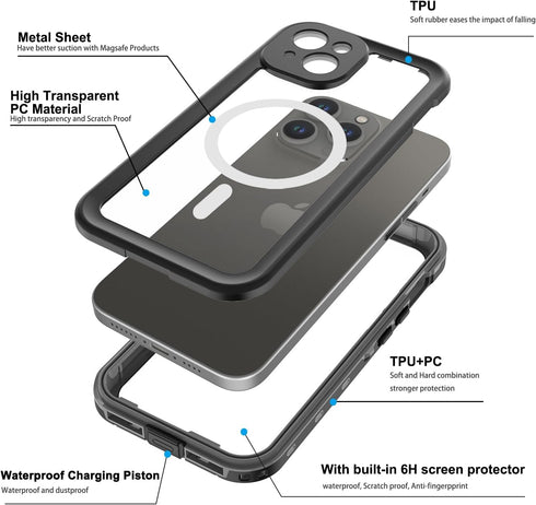 ShellBox Case compative with iPhone 15 Pro Max,Waterproof Case with Built-in Screen Protector, Shockproof Cover Heavy Duty Wireless Charging Case ...