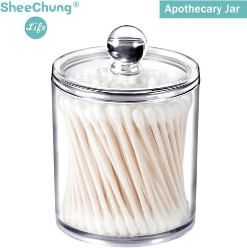 SheeChung 6 Pack Qtip Dispenser Apothecary Jars Bathroom with Labels - Qtip Holder Storage Canister Clear Plastic Acrylic Jar for Cotton Ball, Swa...