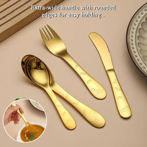 Gold Toddler Utensils, Gold Titanium Coated 4 Pieces Stainless Steel Toddler silverware set, Kids Utensils Forks and Spoons, Mirror Polished Smoot...