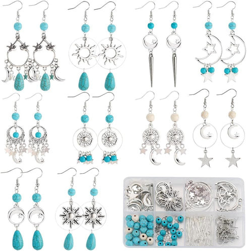 SUNNYCLUE 1 Box DIY 10 Pairs Bohemian Style Moon Charms Sun Star Charm Women Dangle Earrings Making Kit Antique Silver Chandelier Connector Charm ...