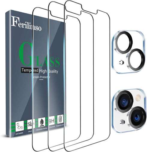 Ferilinso Designed for iPhone 13 Mini Screen Protector, 3 Pack HD Tempered Glass with 2 Pack Camera Lens Protector, Case Friendly, 9H Hardness, Bu...