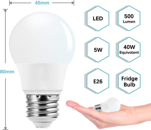 Refrigerator Light Bulb, 40W Equivalent 120V A15 Fridge Light Bulbs, 5W E26 Medium Base Daylight White 5000K for Freezer Lighting, Non-dimmable, 2...