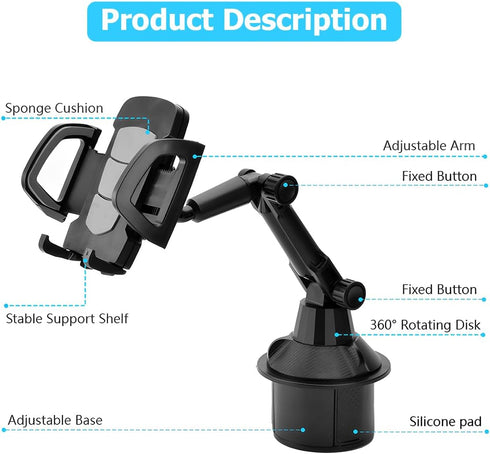 Car Cup Holder Phone Mount, Automotive 360° Rotatable Adjustable Gooseneck Height Cell Phone Cradle Mount with Extendable Cup Base Holder, Univers...