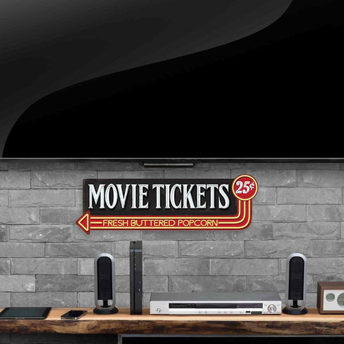 Movie Tickets 25 Cents Embossed Metal Sign - Large Vintage Movie Room Wall Art With Arrow...