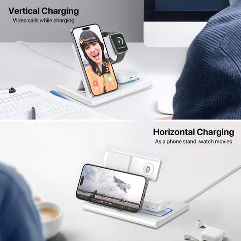3 in 1 Fast Charging Station, Folding Travel Wireless Charger Stand for iPhone 15,14,13,12,11/Pro/Max/Plus,X,XR,XS/Max,SE,8/Plus,Apple Watch 1-8,A...
