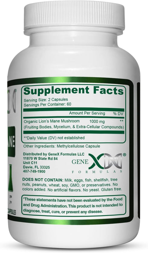 Genex Formulas Lions Mane Supplement with 100% Lions Mane Extract - Nootropics Brain Support Supplement 1000mg/serving - (120 Capsules)...