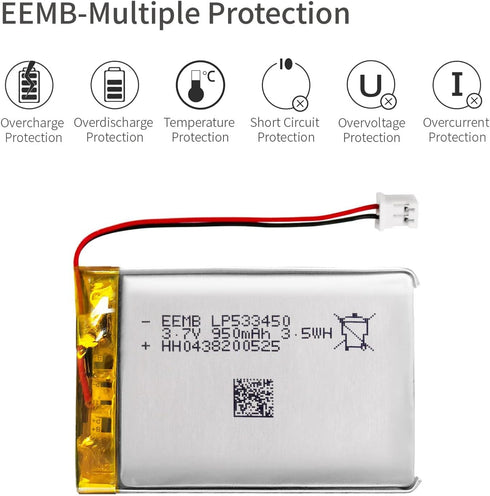 EEMB Lithium Polymer Battery 3.7V 950mAh 533450 Lipo Rechargeable Battery with Wire JST 2.0mm Connector for Speaker and Wireless Device- Confirm D...