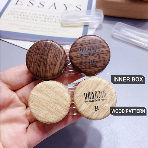 CARUNCOO Wood Grain Contact Lens Case Compact Eye Contact Case for Travelling Portable Contact Box with Mirror Rectangle?Cute Colorful Especially ...