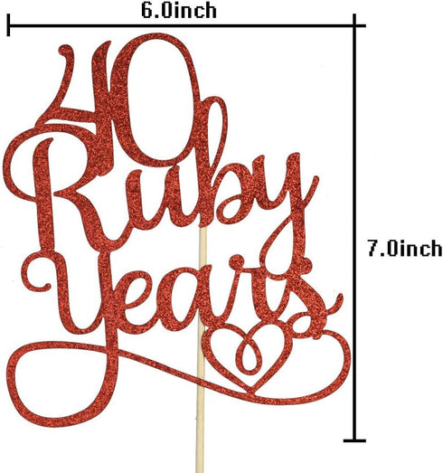 40 Ruby Years Cake Topper for 40th Anniversary Wedding Party Decorations Red Glitter...