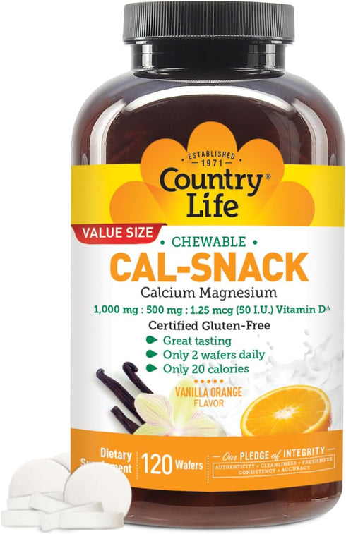 Country Life Cal-Snack - Chewable Calcium Magnesium Supplement wafers with Vitamin D3, Easy to Digest, Vanilla Orange Flavor, Dietary Supplement...