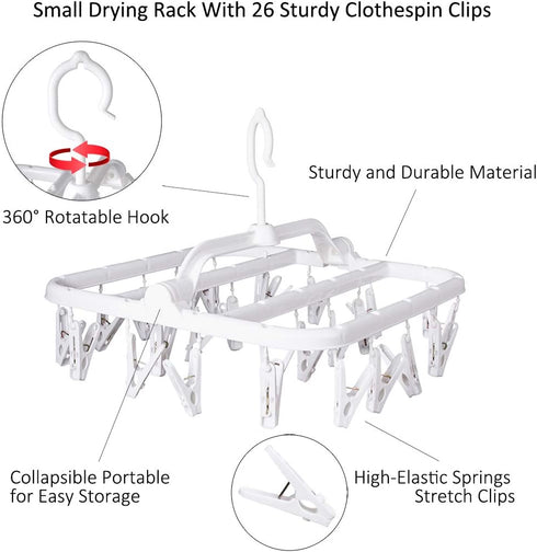 Foldable Clip Hangers with 26 Drying Clips, Underwear Hanger with Clips, Plastic Laundry Clip and Drip Drying Hanger for Socks, Bras, Lingerie, Cl...