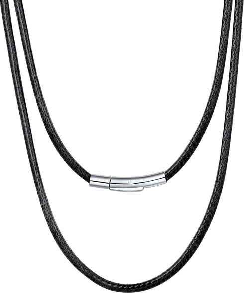 Bestyle Long Leather Necklace Wax Cord Rope Chain Men, Mens Bradied Leather Necklace Jewellery Mens Waterproof Black Cords Necklace for Pendant, 3...