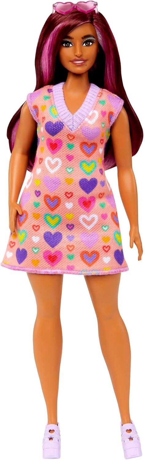 Barbie Fashionistas Doll #207 with Pink Hair Streaks Wearing Removable Heart-Print Sweater Dress, Sunglasses & Platform Shoes...