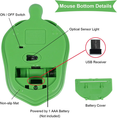 Cute Animal Turtle Shaped Wireless Mouse 3 Buttons 1600 DPI Kawaii Silent Optical Cordless Mice for Laptop PC Computer Notebook Desktop (Green)...