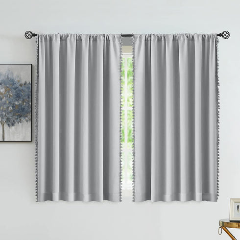 Treatmentex Pom-Pom Grey Blackout Curtains 45inches Short Window Curtain Panel Set for Laundry Basement Drapes for Kids 2 Panels Rod Pocket...