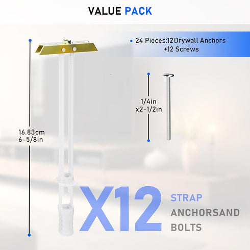 Drywall Anchor with Included Bolts for 1/4”-20, Heavy Duty Hollow Drywall Anchors for TV Mounting Kit, Stainless Steel Hollow Wall Anchors Holds u...