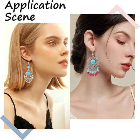 SUNNYCLUE 1 Box DIY 8 Pairs Bohemian Earrings Making Kit Tibetan Style Chandelier Charms Women Boho Earring Round Charms Leaf Charm Synthetic Turq...